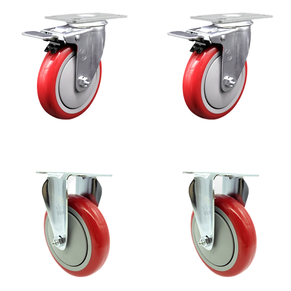 Stainless Steel Polyurethane Top Plate Caster with 5 x 1.25 in. Red Wheels, 2 Swivel Casters with Total Locking Brake & 2 Rigid - Set of 4