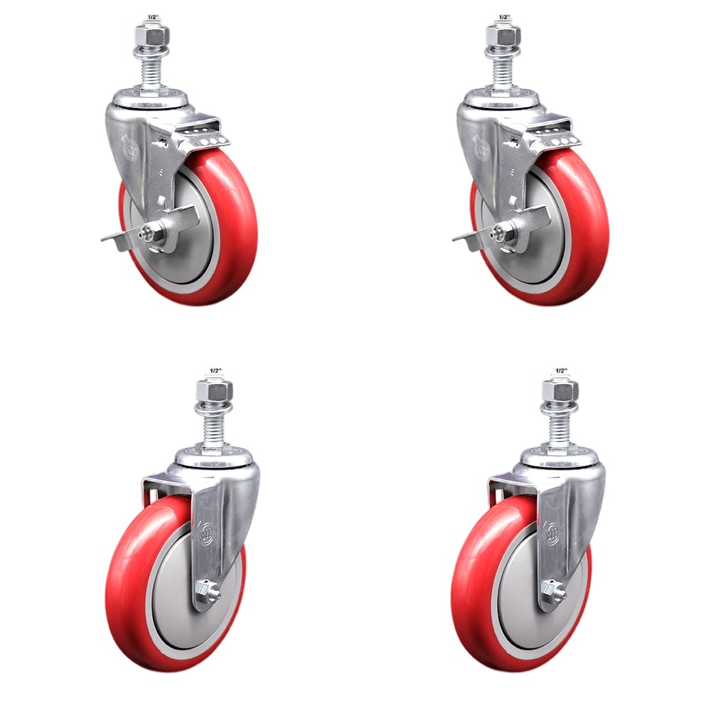 Stainless Steel Polyurethane Swivel Threaded Stem Caster with 5 x 1.25 in. Red Wheels & 0.5 in. Stems - Set of 4