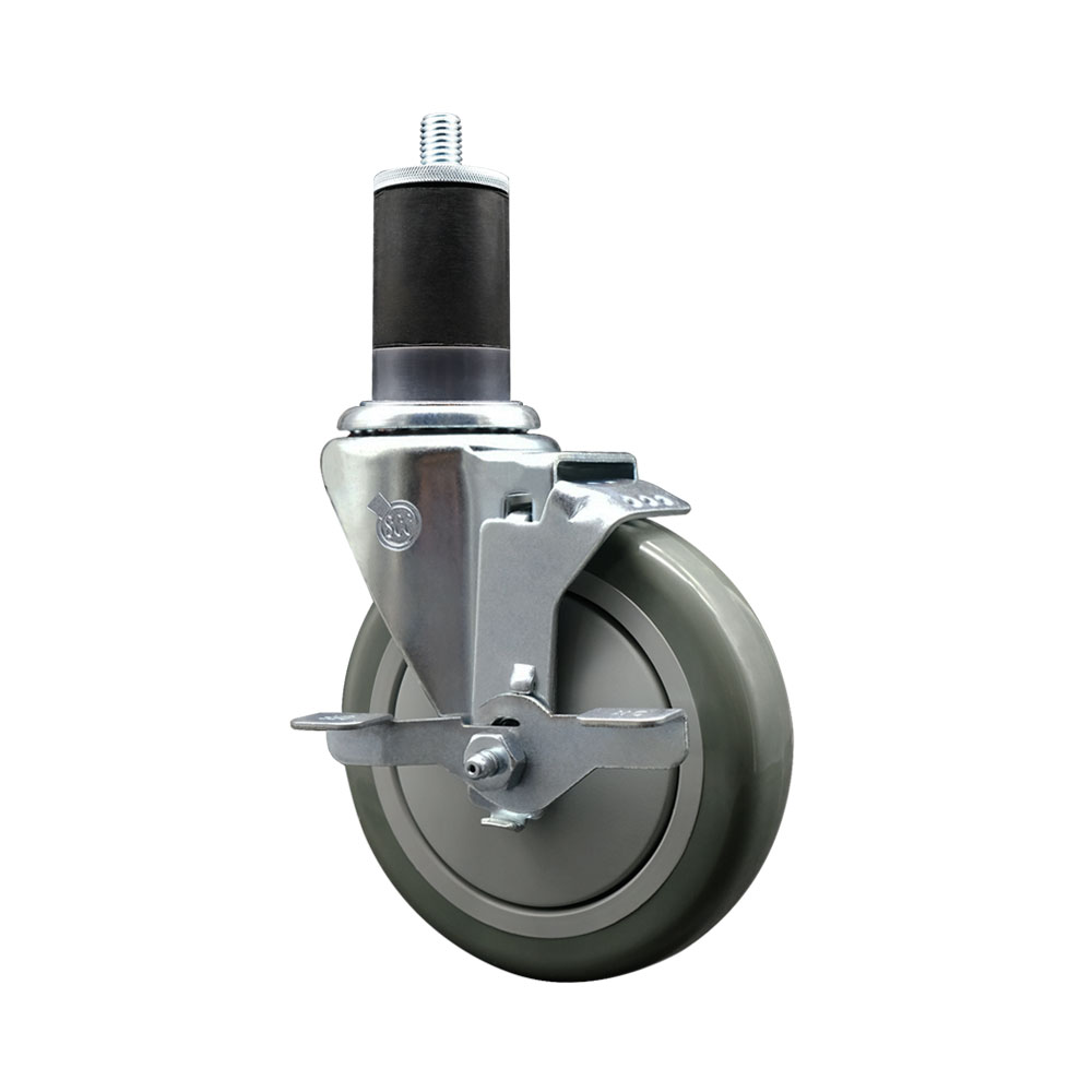 Stainless Steel Polyurethane Expanding Stem Swivel Caster with 5 in. Gray Wheel & 1.63 in. Stem & Top Locking Brake