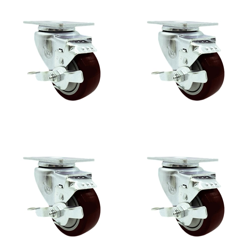 SCC-20S314-PPUB-MRN-TLB-4 Polyurethane Swivel Top Plate Caster with 3 in. Maroon Wheels - Set of 4