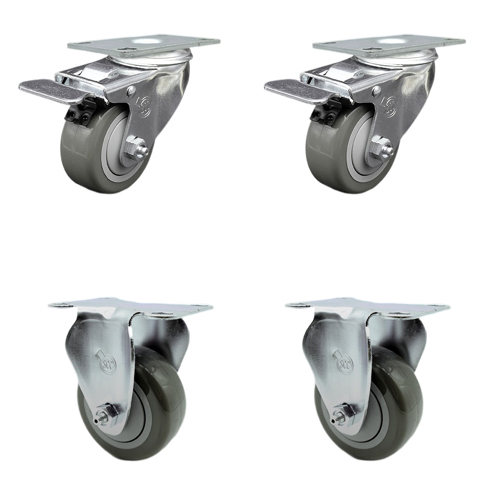 Stainless Steel Polyurethane Top Plate Caster with 3 x 1.25 in. Gray Wheels, 2 Swivel Casters with Total Locking Brake & 2 Rigid - Set of 4