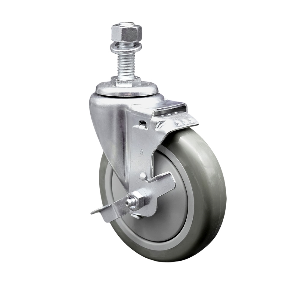 Stainless Steel Polyurethane Swivel Threaded Stem Caster with 5 x 1.25 in. Gray Wheel & 0.5 in. Stem & Top Locking Brake