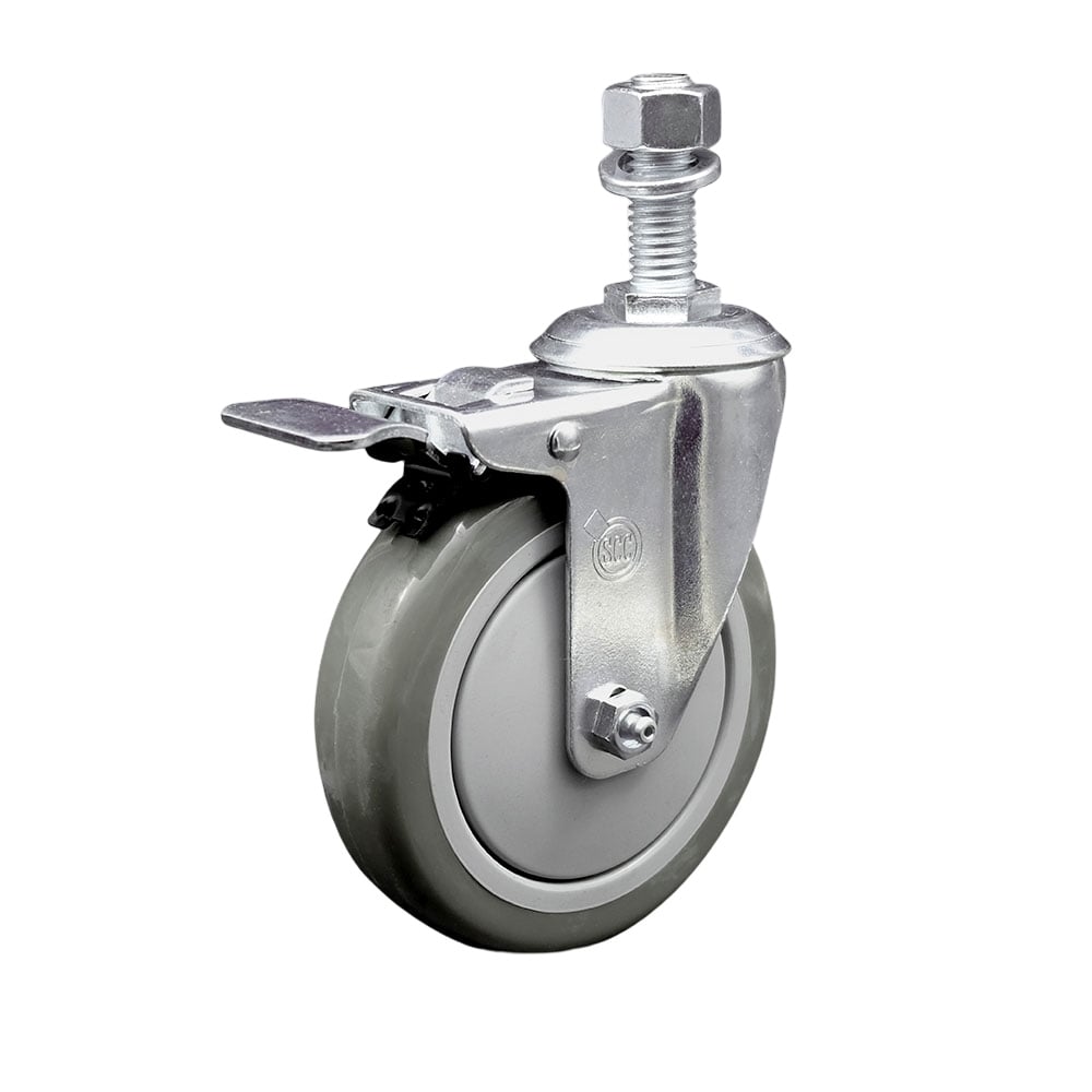 Stainless Steel Polyurethane Swivel Threaded Stem Caster with 5 x 1.25 in. Gray Wheel & 0.5 in. Stem & Total Locking Brake