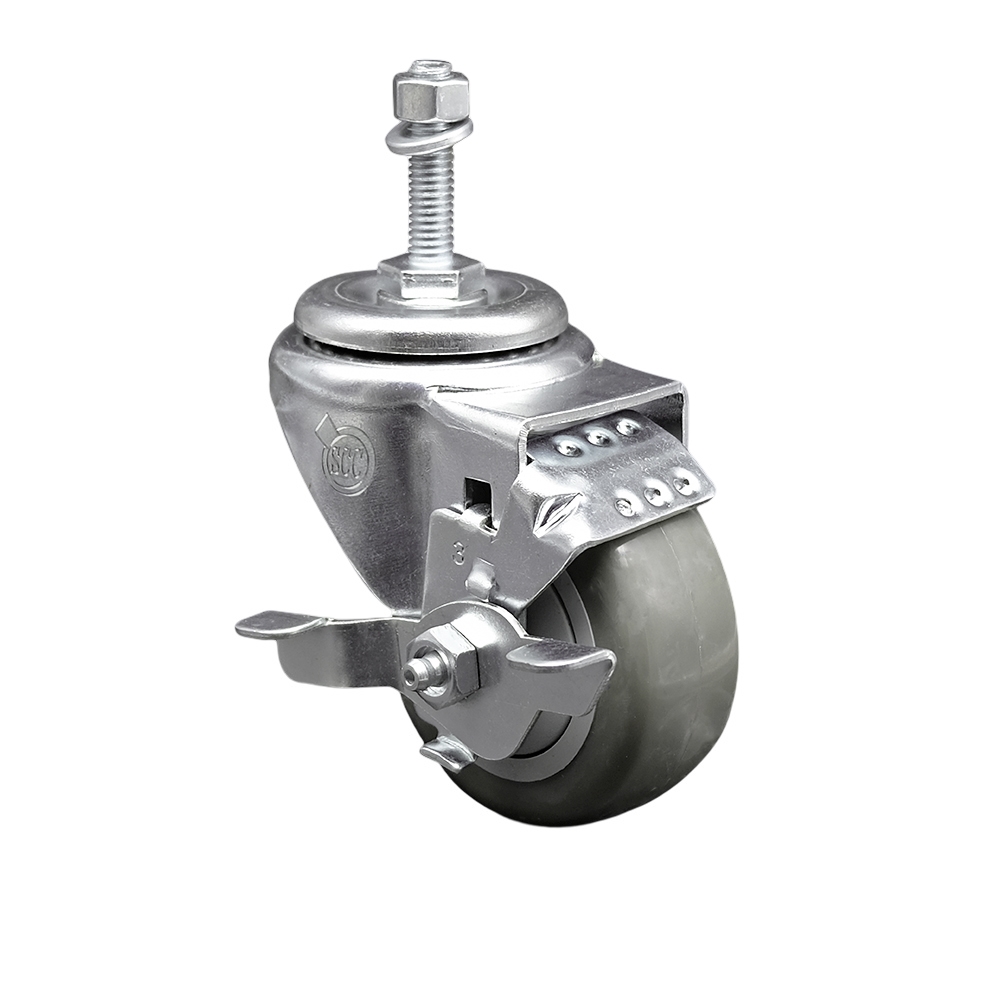 SCC-TS20S314-PPUB-TLB-M1015 Polyurethane Swivel Threaded Stem Caster with 3 x 1.25 in. Gray Wheel & 10 mm Stem & Top Locking Brake