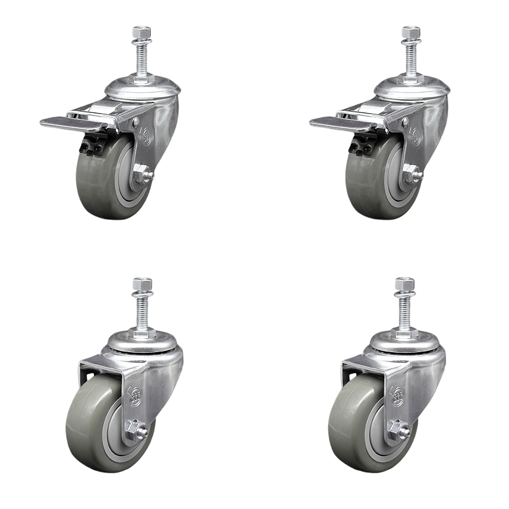 SCC-TSTTL20S314-PPUB-M1015-2-S-2 Polyurethane Swivel Threaded Stem Caster with 3 x 1.25 in. Gray Wheels & 10 mm Stems - Set of 4