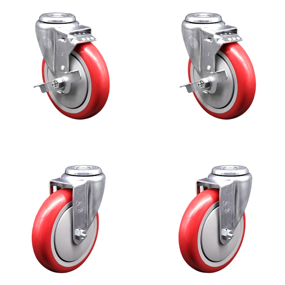 SCC-BH20S514-PPUB-RED-TLB-2-S-2 Polyurethane Swivel Bolt Hole Caster with 5 x 1.25 in. Red Wheels - Set of 4