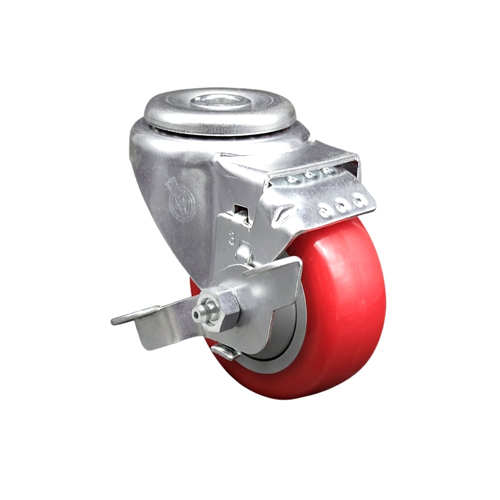 SCC-SSBH20S314-PPUB-RED-TLB Stainless Steel Polyurethane Swivel Bolt Hole Caster with 3 x 1.25 in. Red Wheel & Top Locking Brake