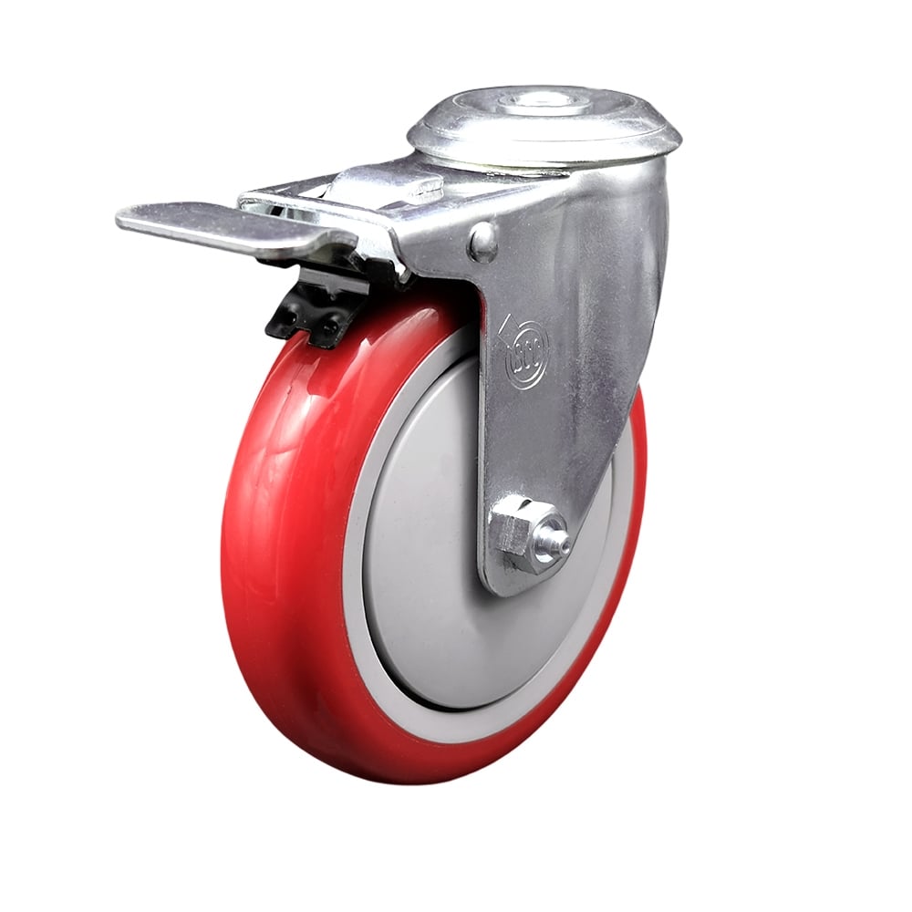 SCC-SSBHTTL20S514-PPUB-RED Stainless Steel Polyurethane Swivel Bolt Hole Caster with 5 x 1.25 in. Red Wheel & Total Locking Brake