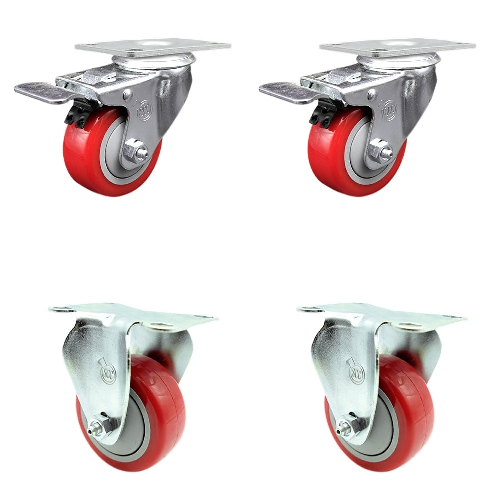 Stainless Steel Polyurethane Top Plate Caster with 3 x 1.25 in. Red Wheels, 2 Swivel Casters with Total Locking Brake & 2 Rigid - Set of 4