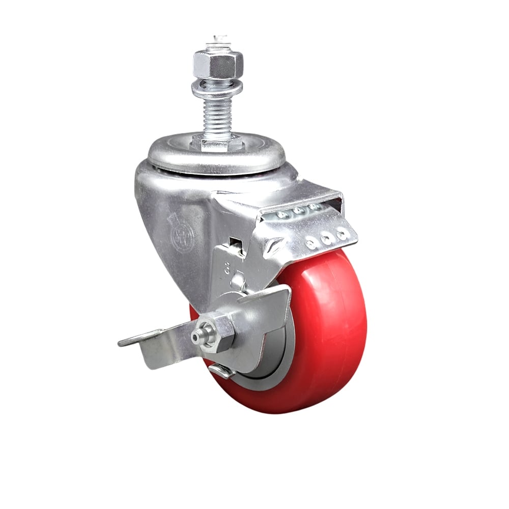 Stainless Steel Polyurethane Swivel Threaded Stem Caster with 3 x 1.25 in. Red Wheel & 0.5 in. Stem & Top Locking Brake