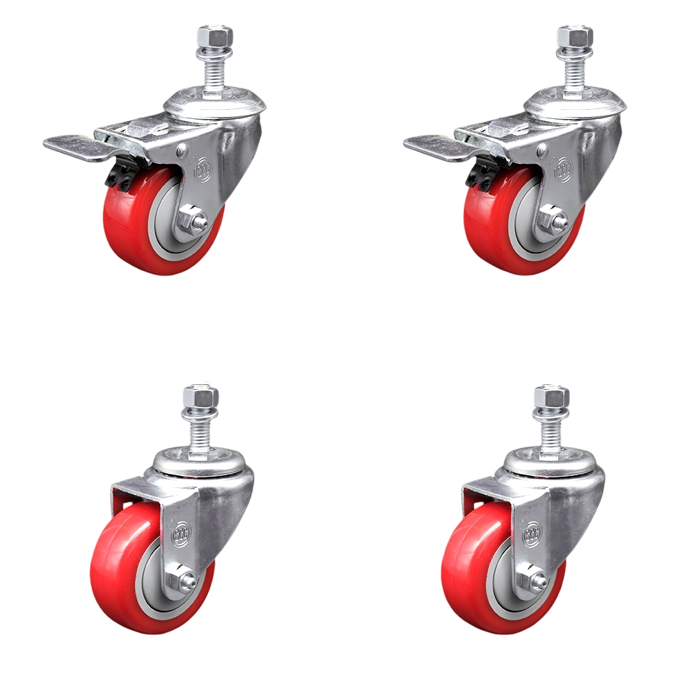 Stainless Steel Polyurethane Swivel Threaded Stem Caster with 3.5 x 1.25 in. Red Wheels & 0.5 in. Stems - Set of 4