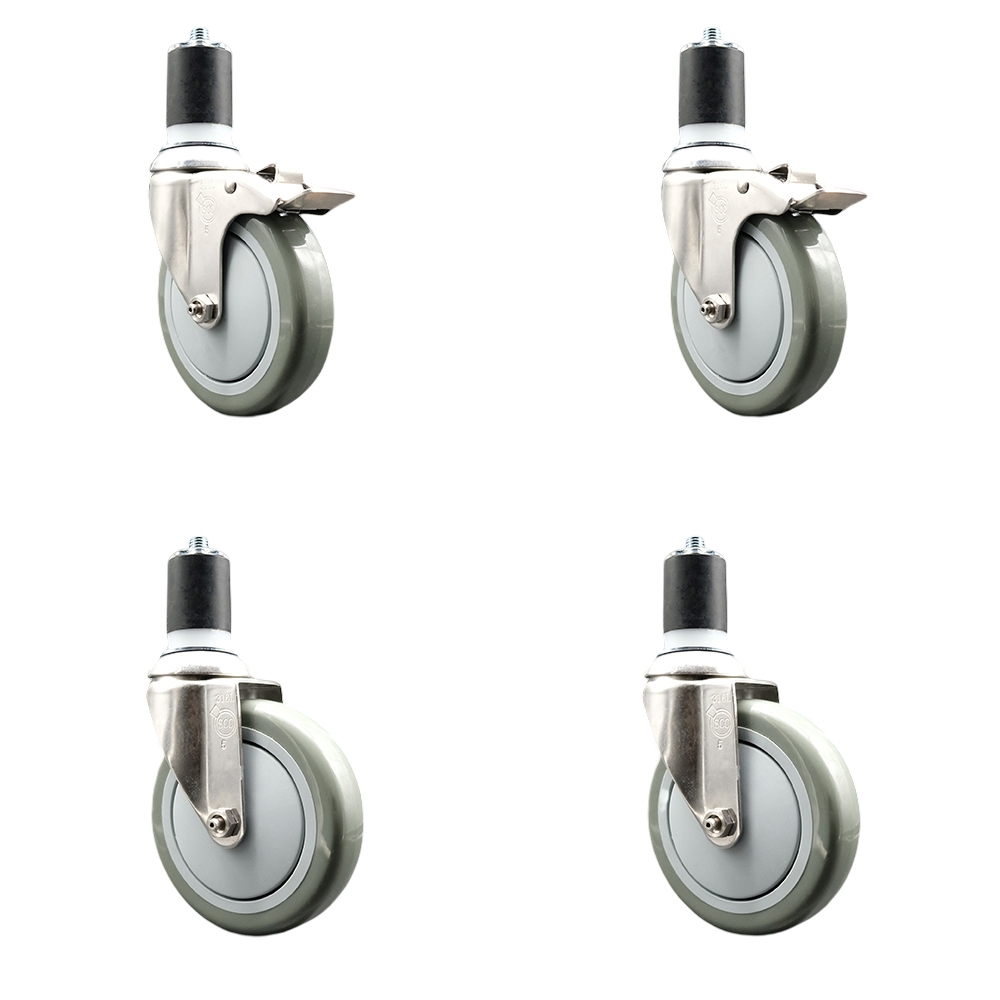 Polyurethane Swivel Stem Caster with 5 in. Gray Caster Wheels, 1.75 in. Expanding Stem - 316 Stainless Steel Casters - Set of 4