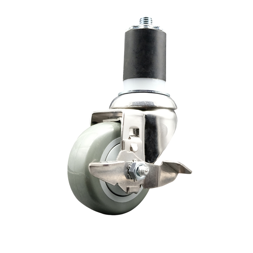 Polyurethane Swivel Stem Caster with 3 in. Gray Caster Wheels & Top Lock Brake, 1.87 in. Expanding Stem - 316 Stainless Steel Caster
