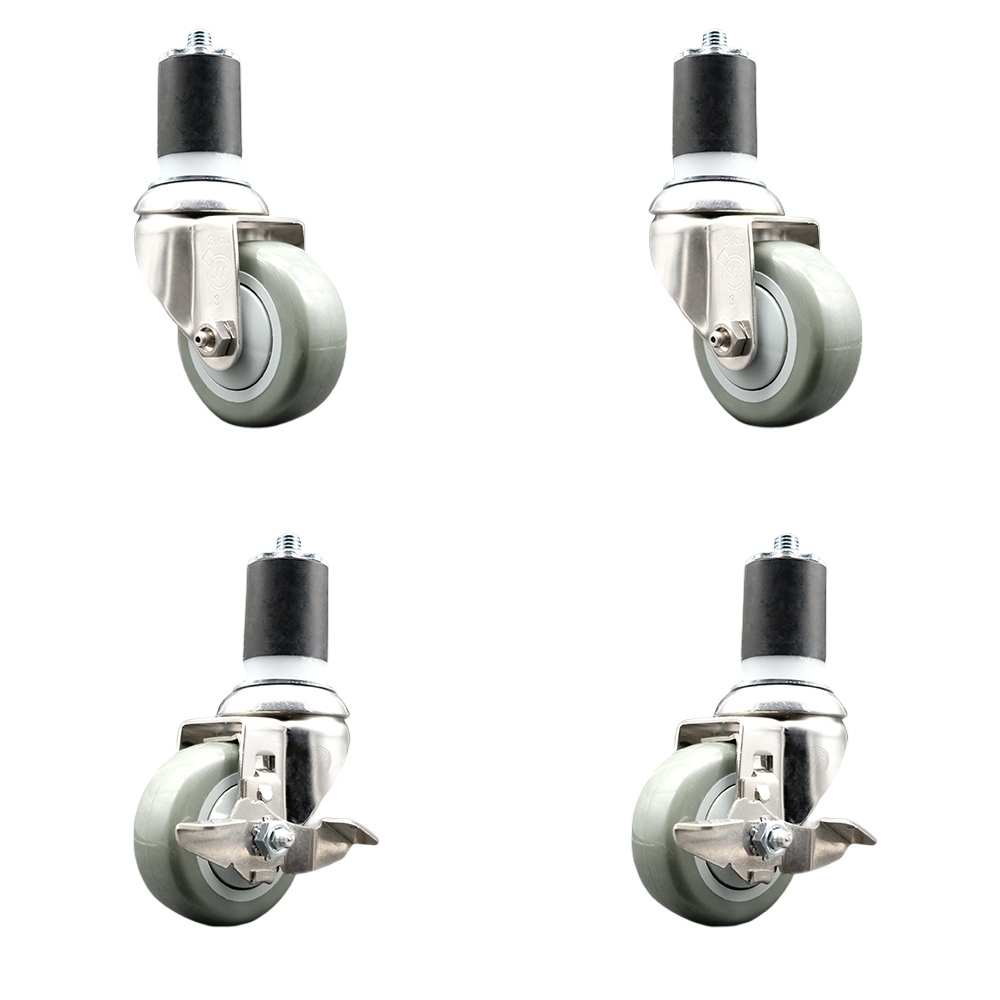 Polyurethane Swivel Stem Caster with 3 in. Gray Caster Wheels, 1.87 in. Expanding Stems - 316 Stainless Steel Casters - Set of 4