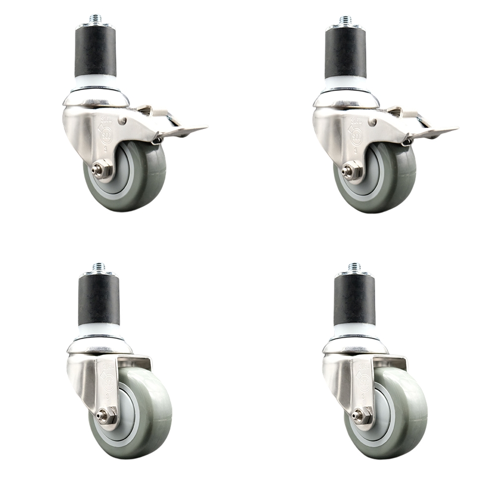 Polyurethane Swivel Stem Caster with 3 in. Gray Caster Wheels, 1.87 in. Expanding Stem - 316 Stainless Steel Casters - Set of 4