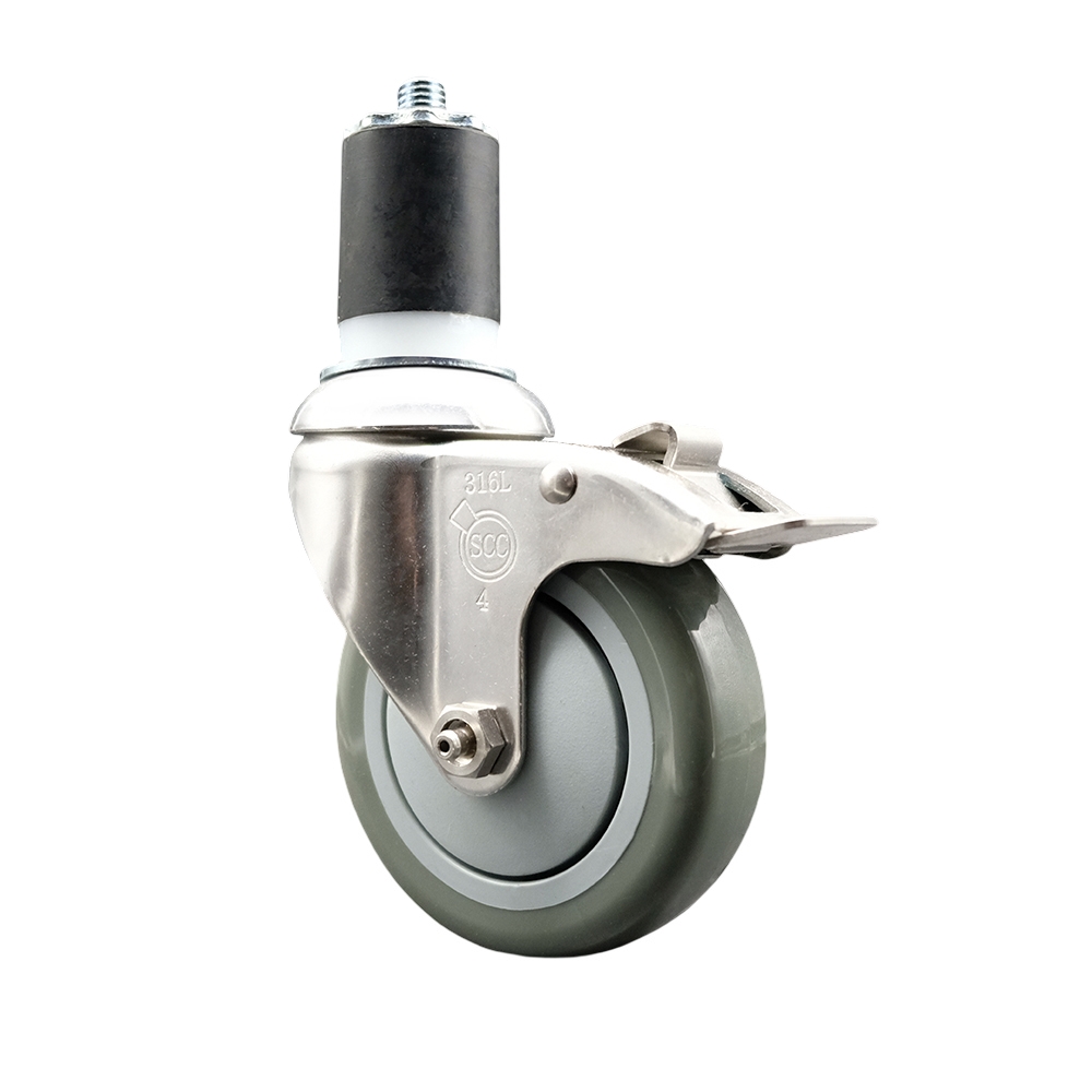 Polyurethane Swivel Stem Caster with 4 in. Gray Caster Wheels & Total Lock Brake, 1.87 in. Expanding Stem - 316 Stainless Steel Caster