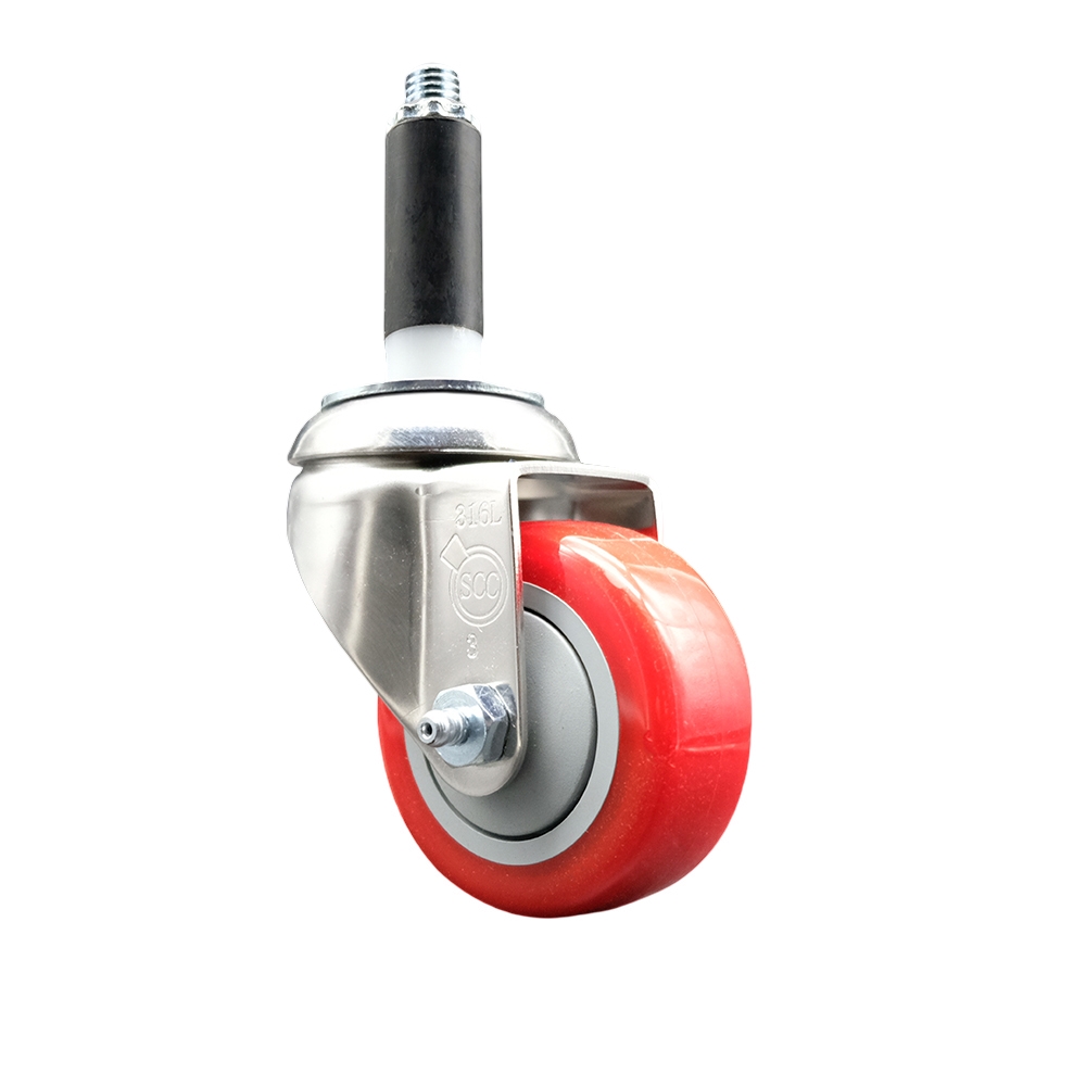 SCC-SS316EX20S314-PPUB-RED-34 Polyurethane Swivel Stem Caster with 3 in. Red Caster Wheels, 0.75 in. Expanding Stem - 316 Stainless Steel Caster