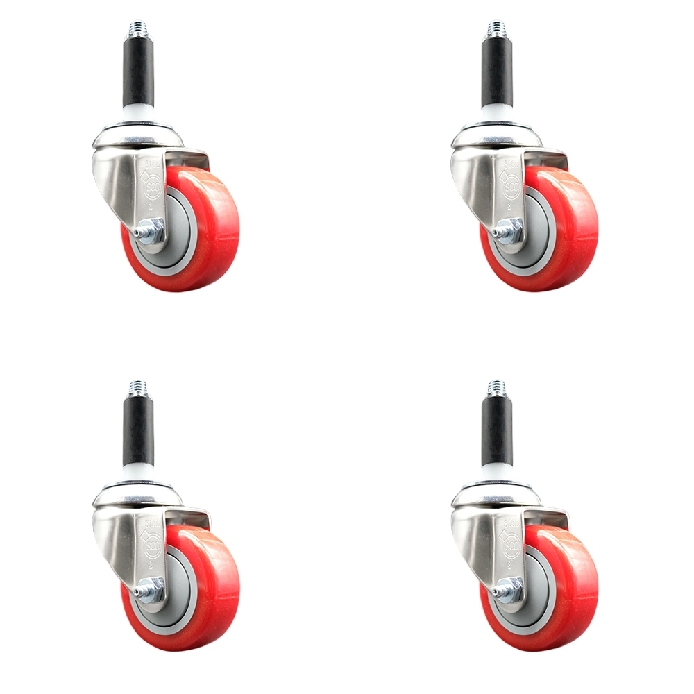 Polyurethane Swivel Stem Caster with 3 in. Red Caster Wheels, 0.75 in. Expanding Stems - 316 Stainless Steel Casters - Set of 4
