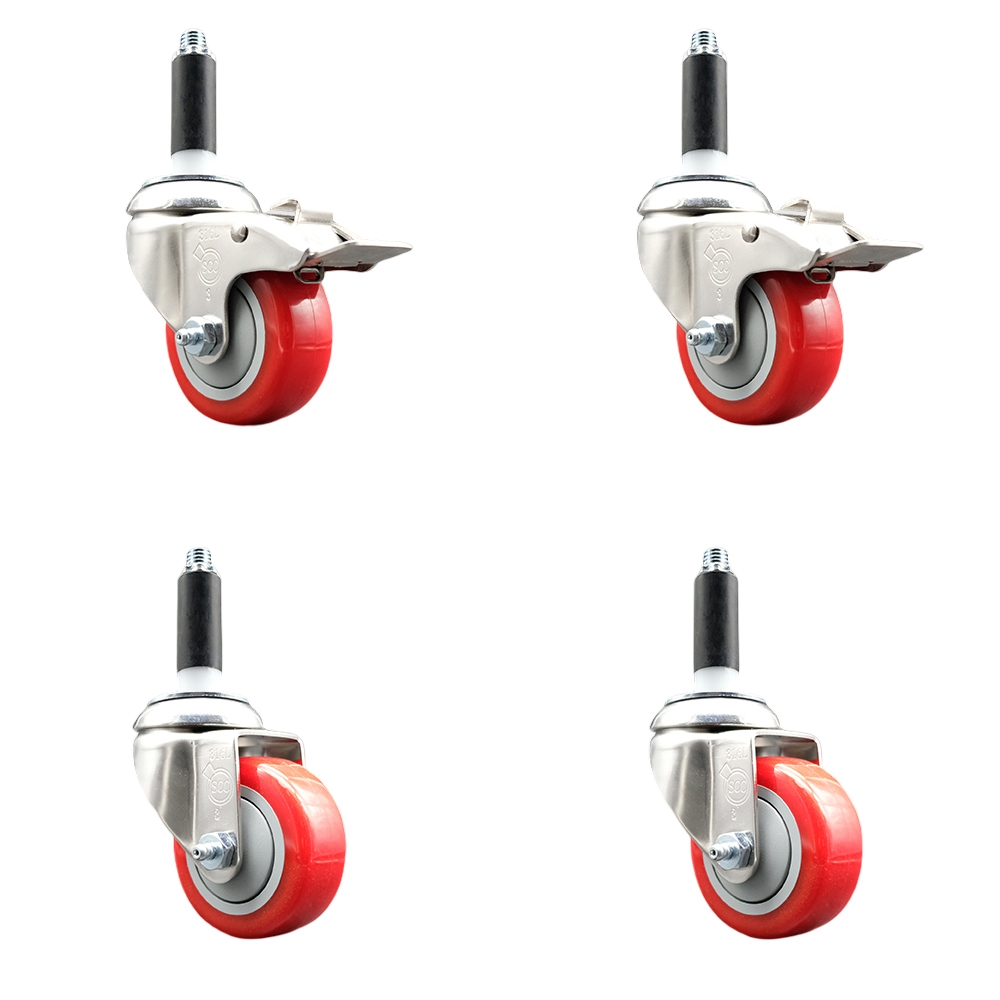 Polyurethane Swivel Stem Caster with 3 in. Red Caster Wheels, 0.75 in. Expanding Stem - 316 Stainless Steel Casters - Set of 4