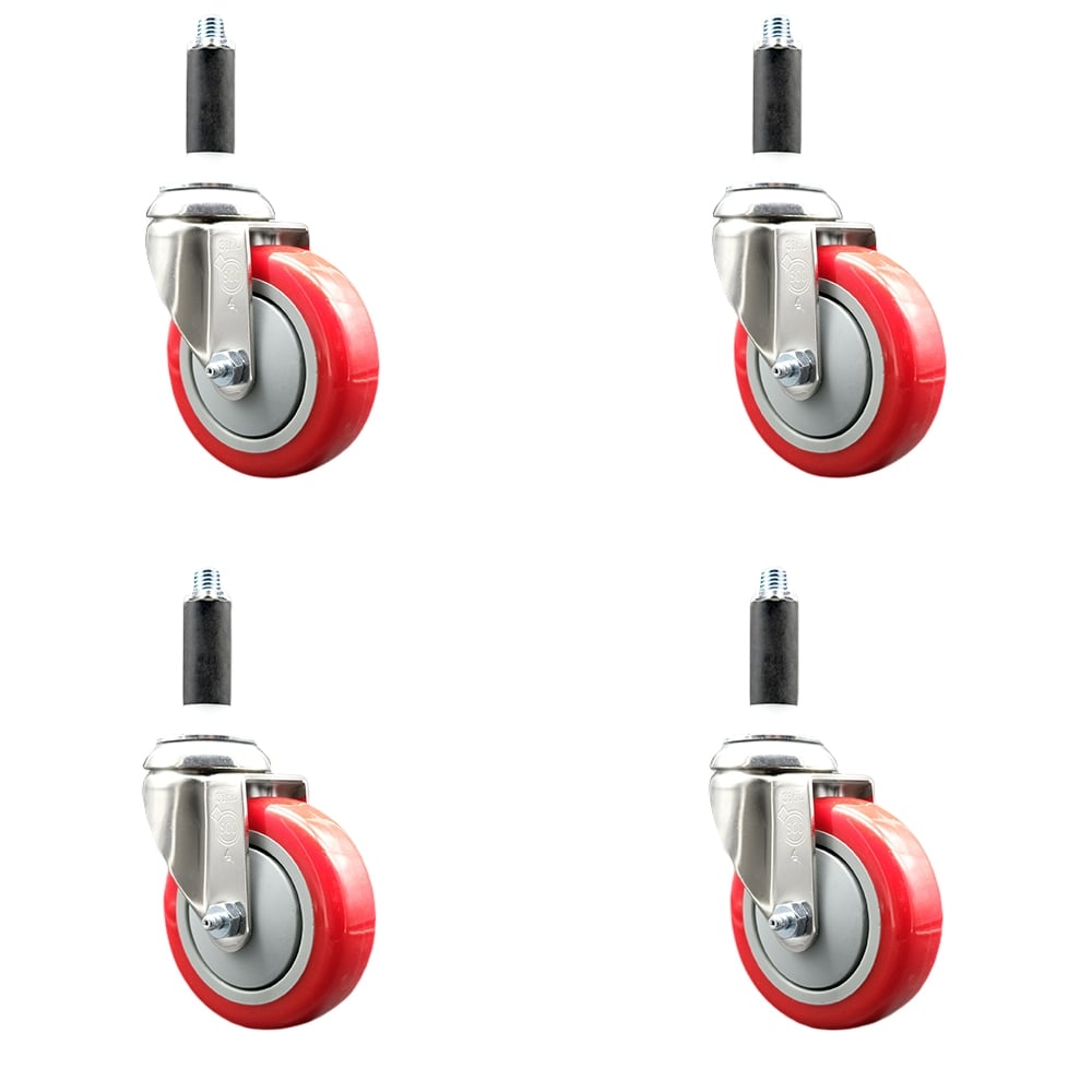 Polyurethane Swivel Stem Caster with 4 in. Red Caster Wheels, 0.75 in. Expanding Stems - 316 Stainless Steel Casters - Set of 4