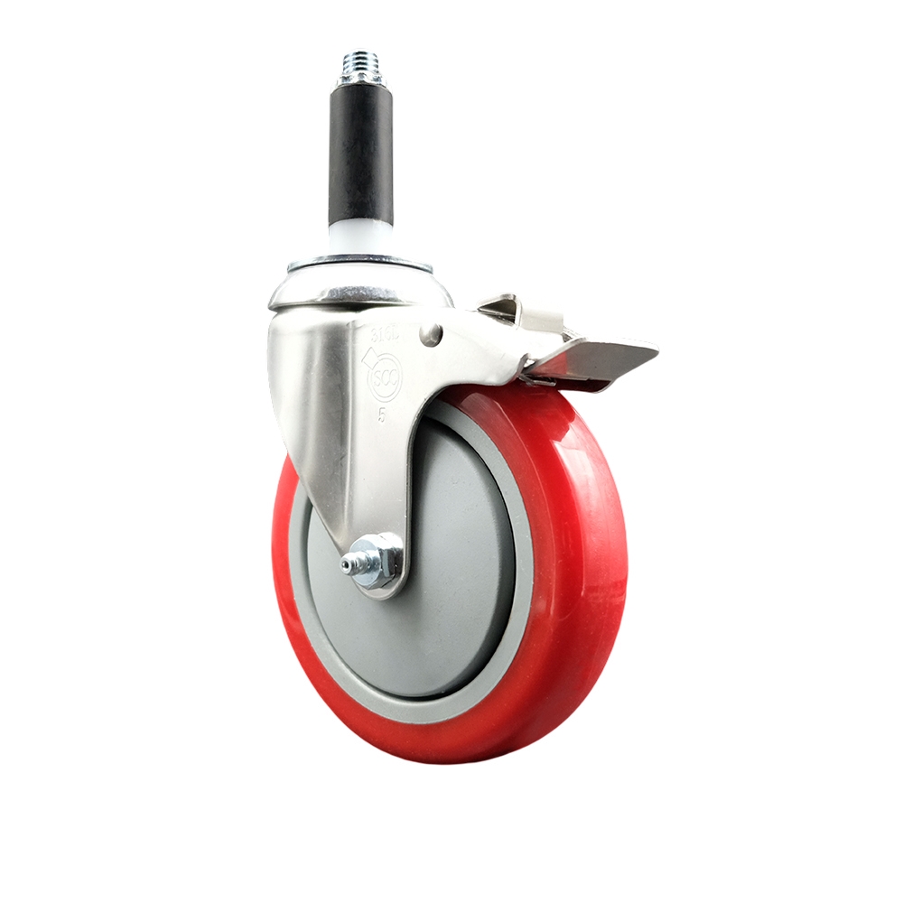Polyurethane Swivel Stem Caster with 5 in. Red Caster Wheels & Total Lock Brake, 0.75 in. Expanding Stem - 316 Stainless Steel Caster