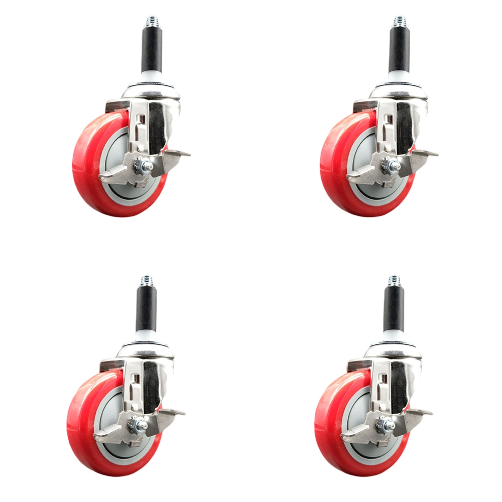 Polyurethane Swivel Stem Caster with 4 in. Red Caster Wheels, 0.87 in. Expanding Stems - 316 Stainless Steel Casters - Set of 4