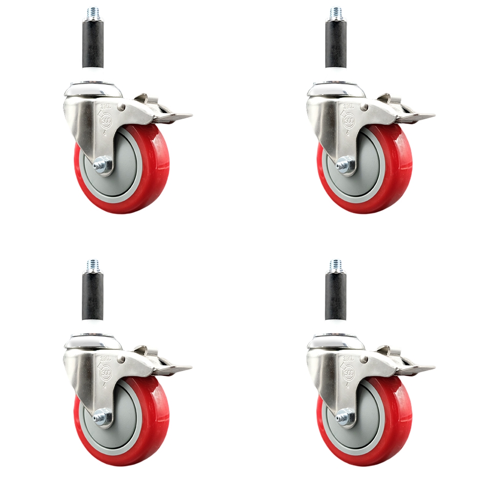 Polyurethane Swivel Stem Caster with 4 in. Red Caster Wheels, 0.87 in. Expanding Stems - 316 Stainless Steel Casters - Set of 4