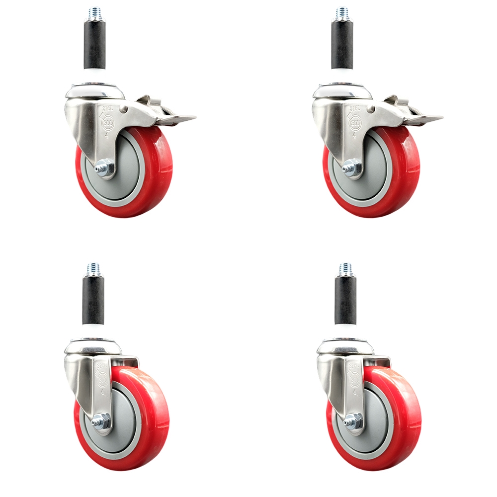 Polyurethane Swivel Stem Caster with 4 in. Red Caster Wheels, 0.87 in. Expanding Stem - 316 Stainless Steel Casters - Set of 4