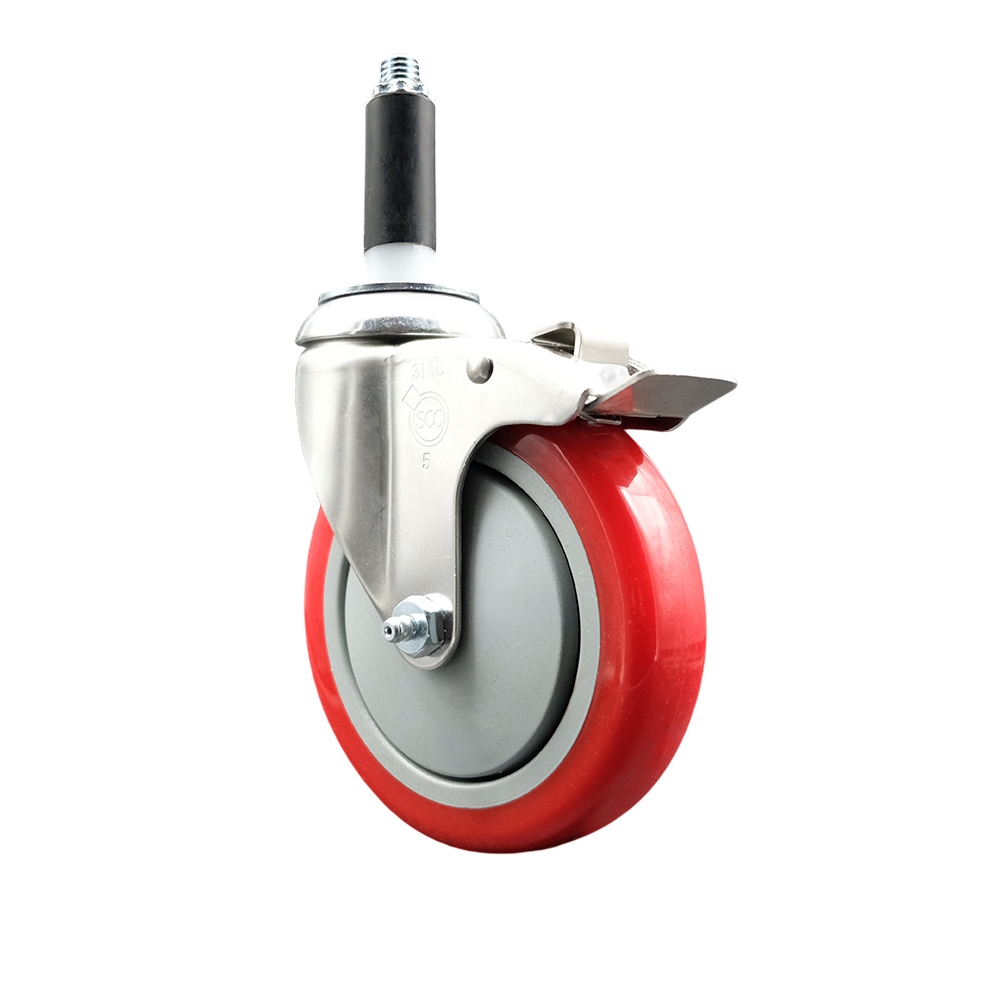 Polyurethane Swivel Stem Caster with 5 in. Red Caster Wheels & Total Lock Brake, 0.87 in. Expanding Stem - 316 Stainless Steel Caster