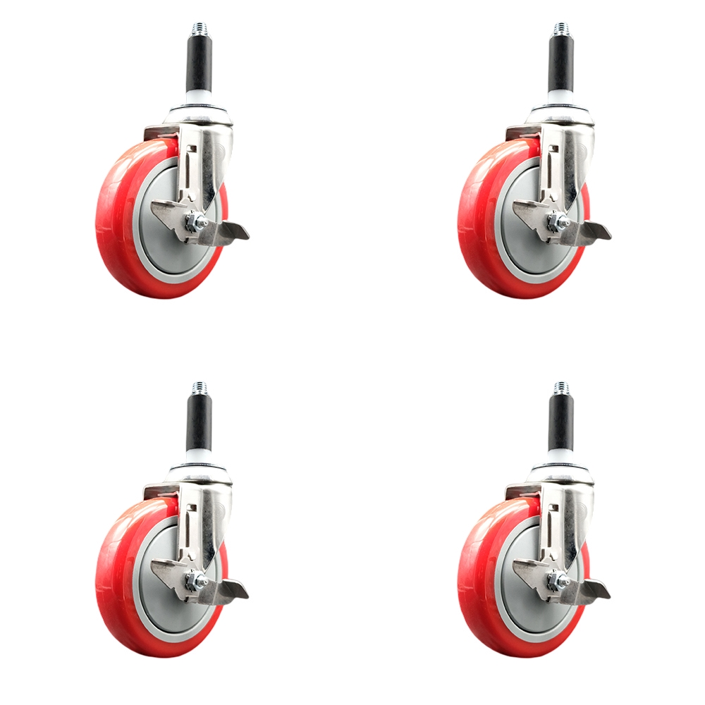 Polyurethane Swivel Stem Caster with 5 in. Red Caster Wheels, 0.87 in. Expanding Stems - 316 Stainless Steel Casters - Set of 4