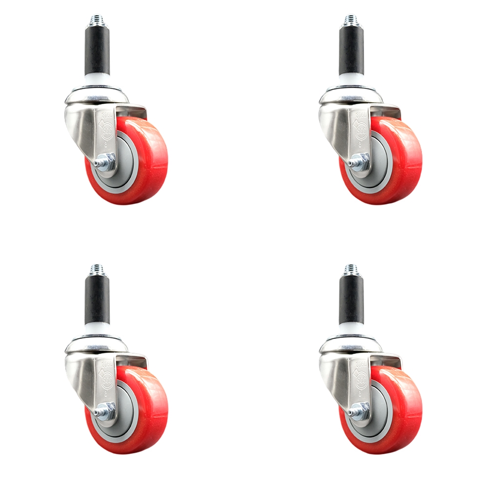 Polyurethane Swivel Stem Caster with 3.5 in. Red Caster Wheels, 1 in. Expanding Stems - 316 Stainless Steel Casters - Set of 4