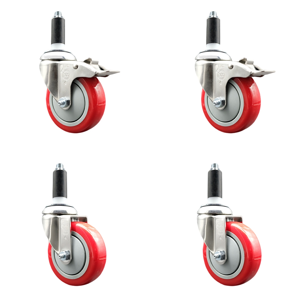 Polyurethane Swivel Stem Caster with 4 in. Red Caster Wheels, 1 in. Expanding Stem - 316 Stainless Steel Casters - Set of 4