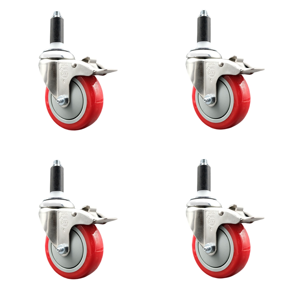 Polyurethane Swivel Stem Caster with 4 in. Red Caster Wheels, 1.13 in. Expanding Stems - 316 Stainless Steel Casters - Set of 4