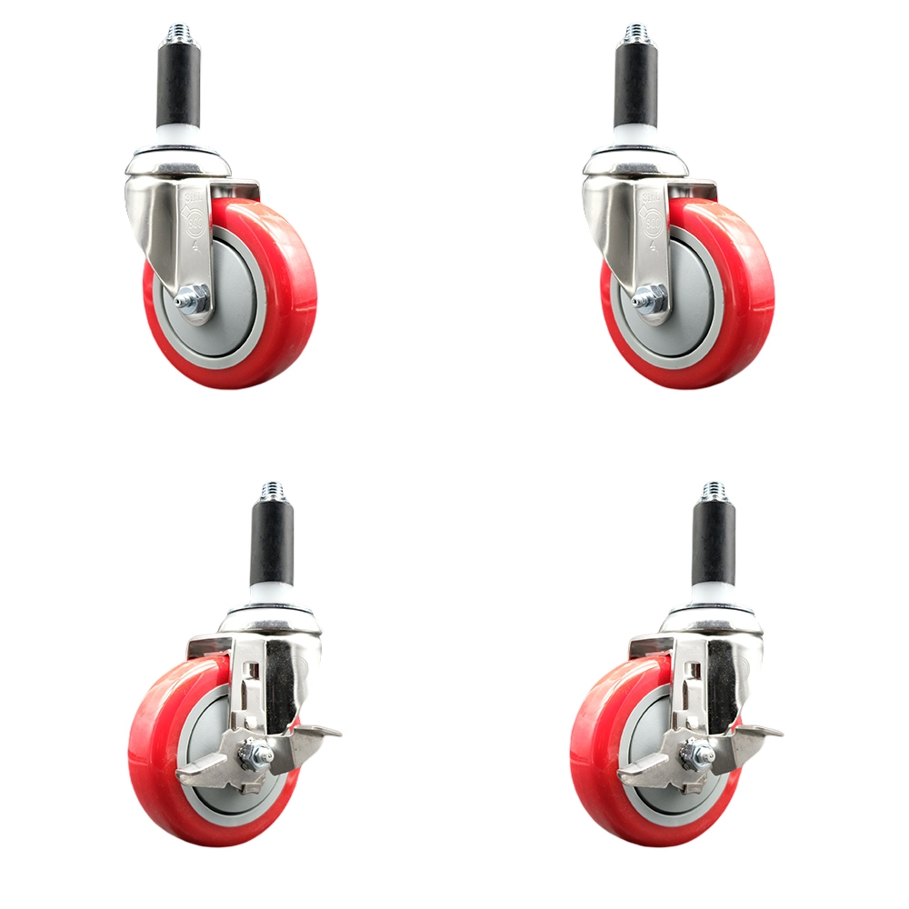 Polyurethane Swivel Stem Caster with 4 in. Red Caster Wheels, 1.13 in. Expanding Stems - 316 Stainless Steel Casters - Set of 4