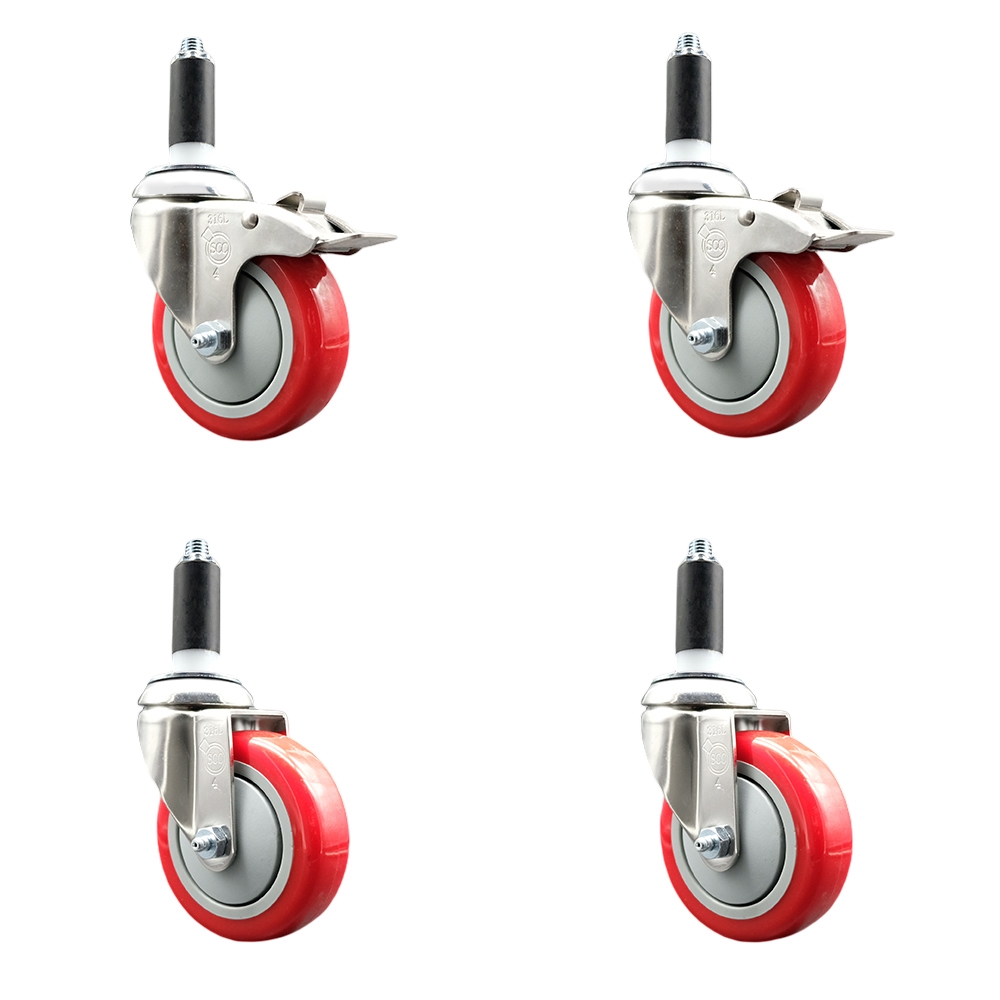 Polyurethane Swivel Stem Caster with 4 in. Red Caster Wheels, 1.13 in. Expanding Stem - 316 Stainless Steel Casters - Set of 4