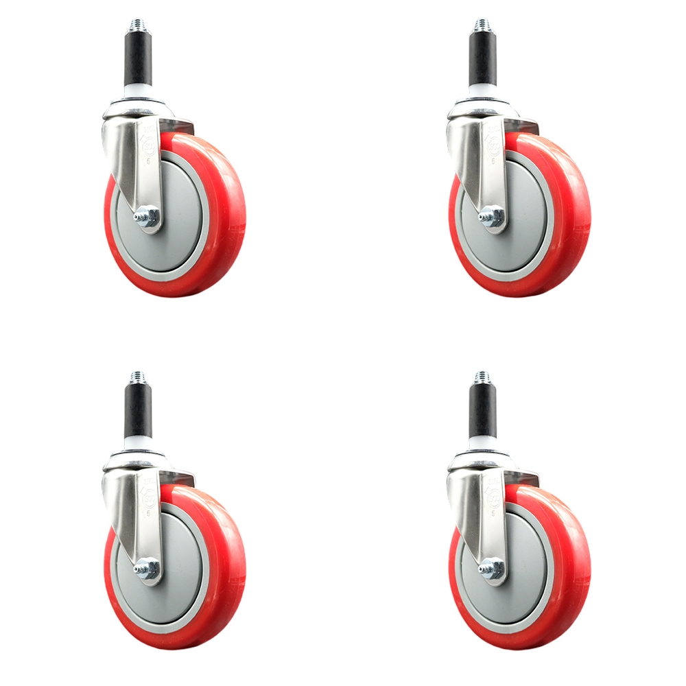 Polyurethane Swivel Stem Caster with 5 in. Red Caster Wheels, 1.13 in. Expanding Stems - 316 Stainless Steel Casters - Set of 4