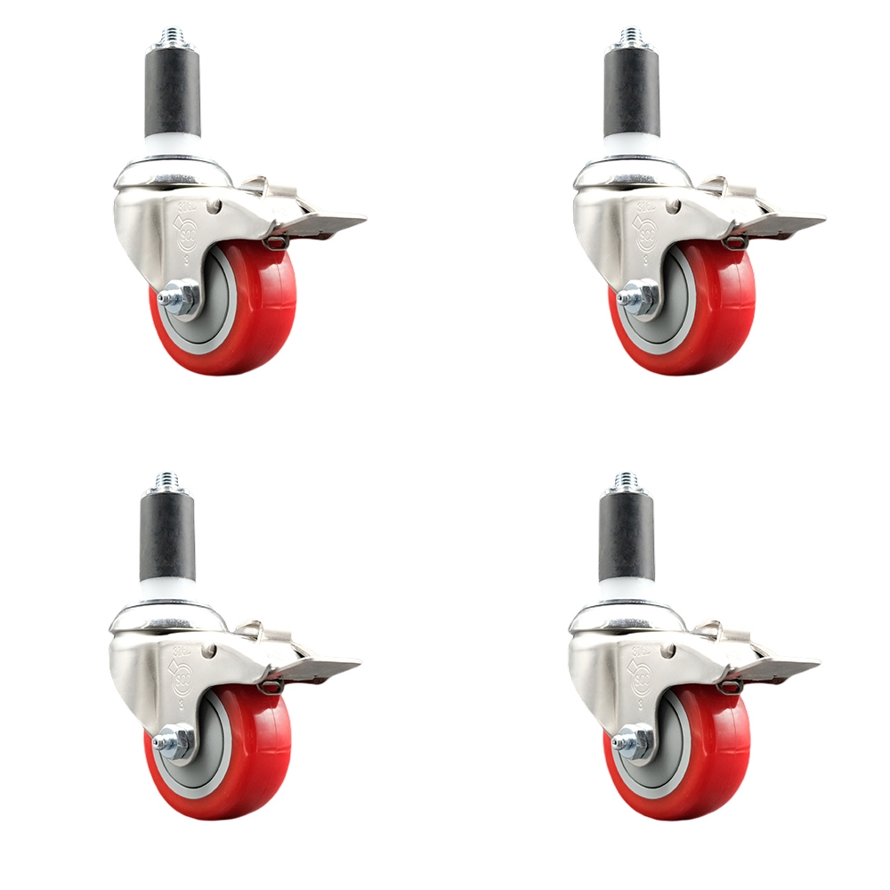 Polyurethane Swivel Stem Caster with 3 in. Red Caster Wheels, 1.25 in. Expanding Stems - 316 Stainless Steel Casters - Set of 4