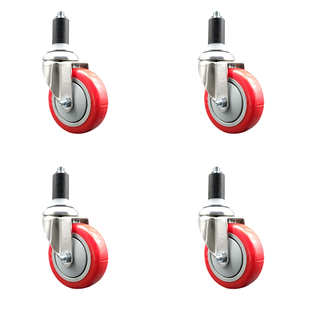 Polyurethane Swivel Stem Caster with 4 in. Red Caster Wheels, 1.25 in. Expanding Stems - 316 Stainless Steel Casters - Set of 4