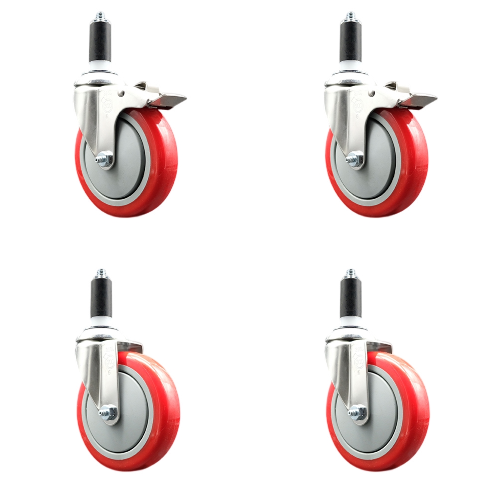 Polyurethane Swivel Stem Caster with 5 in. Red Caster Wheels, 1.25 in. Expanding Stem - 316 Stainless Steel Casters - Set of 4