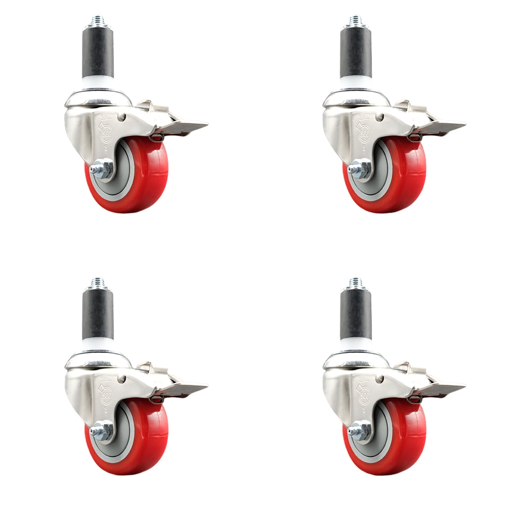 Polyurethane Swivel Stem Caster with 3.5 in. Red Caster Wheels, 1.38 in. Expanding Stems - 316 Stainless Steel Casters - Set of 4