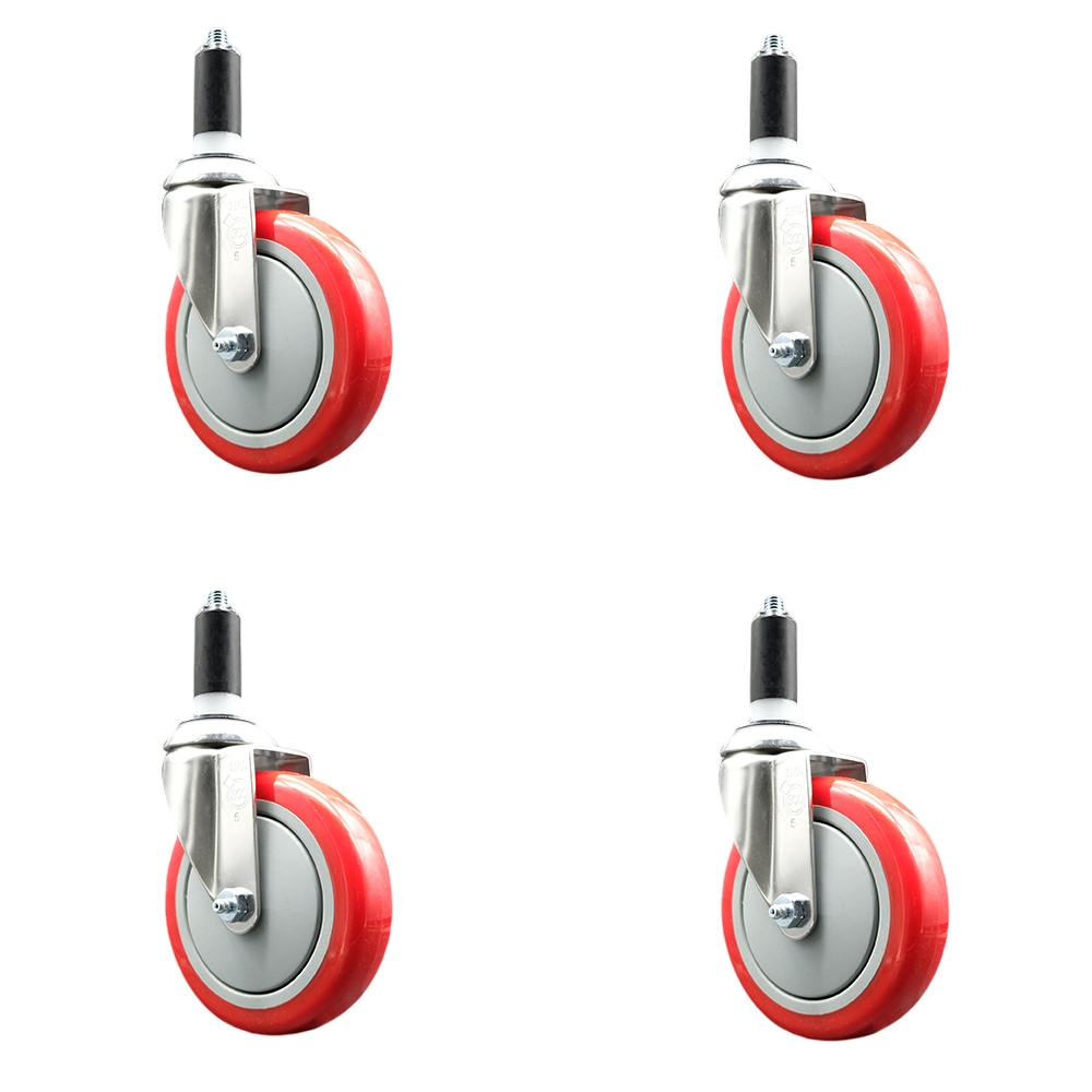 Polyurethane Swivel Stem Caster with 5 in. Red Caster Wheels, 1.38 in. Expanding Stems - 316 Stainless Steel Casters - Set of 4