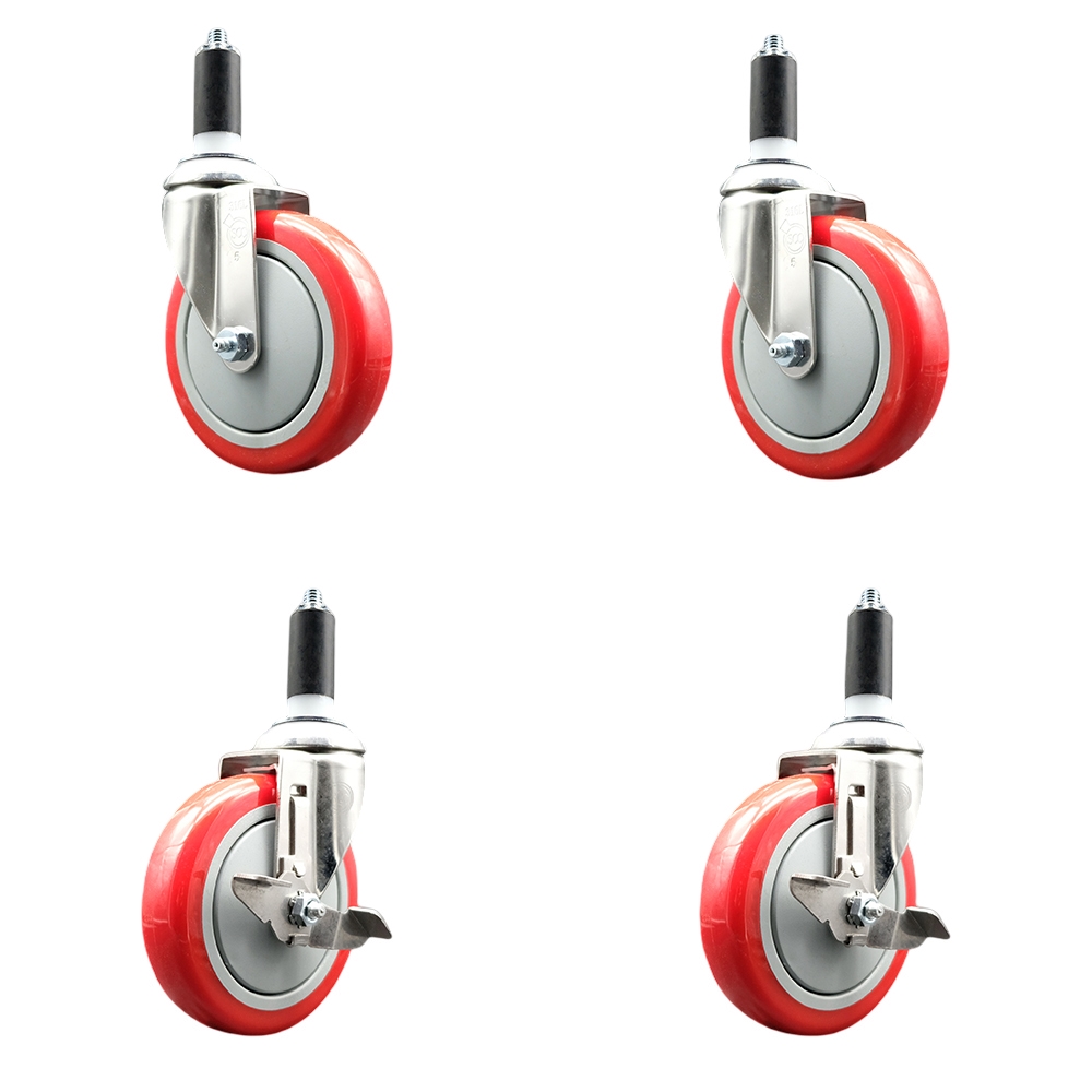 Polyurethane Swivel Stem Caster with 5 in. Red Caster Wheels, 1.38 in. Expanding Stems - 316 Stainless Steel Casters - Set of 4