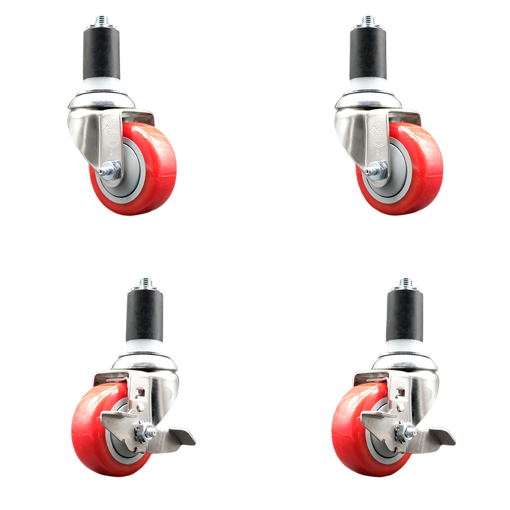 Polyurethane Swivel Stem Caster with 3.5 in. Red Caster Wheels, 1.5 in. Expanding Stems - 316 Stainless Steel Casters - Set of 4