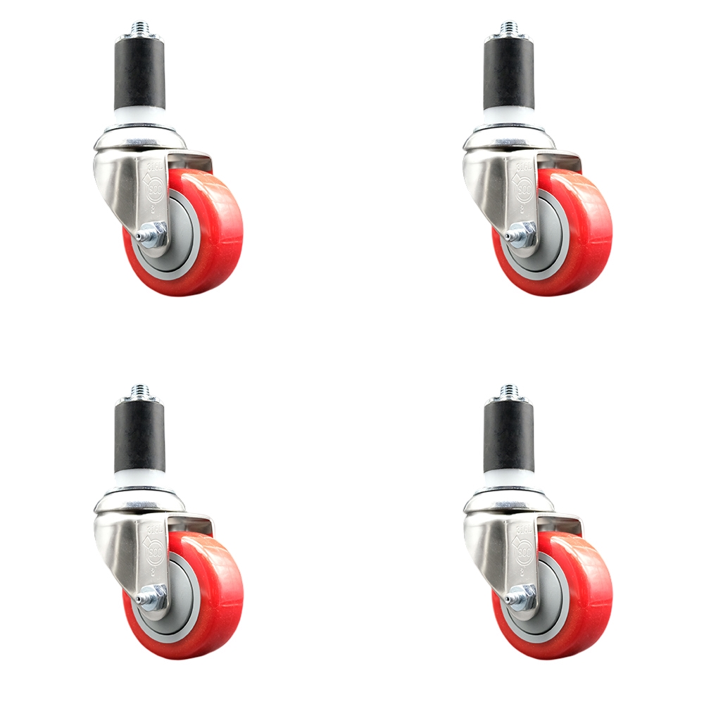 Polyurethane Swivel Stem Caster with 3 in. Red Caster Wheels, 1.63 in. Expanding Stems - 316 Stainless Steel Casters - Set of 4