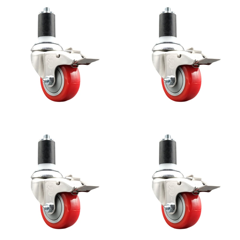 Polyurethane Swivel Stem Caster with 3.5 in. Red Caster Wheels, 1.63 in. Expanding Stems - 316 Stainless Steel Casters - Set of 4