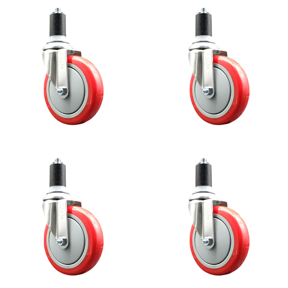 Polyurethane Swivel Stem Caster with 5 in. Red Caster Wheels, 1.63 in. Expanding Stems - 316 Stainless Steel Casters - Set of 4