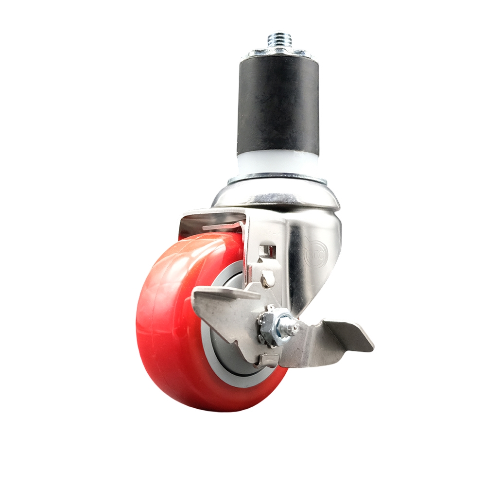 Polyurethane Swivel Stem Caster with 3.5 in. Red Caster Wheels & Top Lock Brake, 1.87 in. Expanding Stem - 316 Stainless Steel Caster
