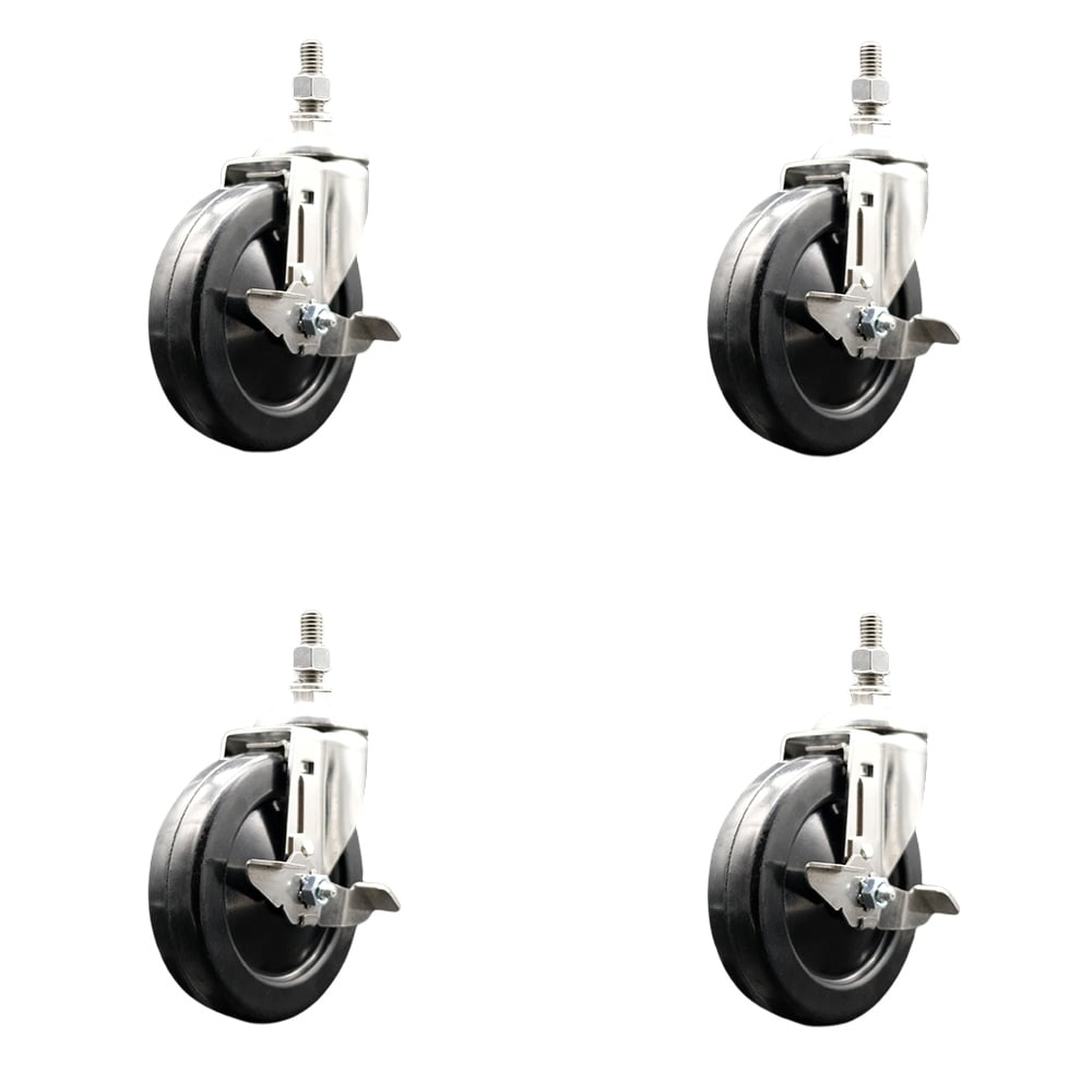 Soft Rubber Swivel Stem Caster with 5 in. Caster Wheels 0.38 in. Threaded Stems 316 Stainless Steel Casters - Set of 4