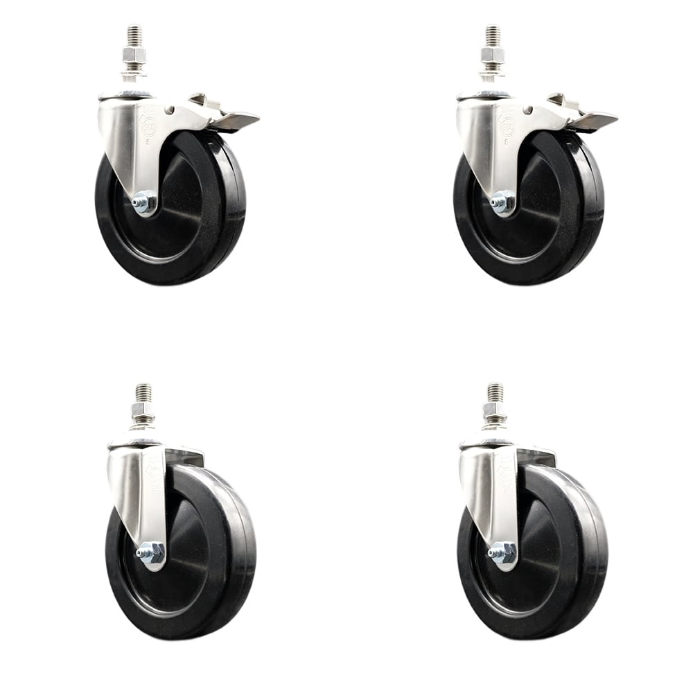 Soft Rubber Swivel Stem Caster with 5 in. Caster Wheels 0.38 in. Threaded Stems 316 Stainless Steel Casters - Set of 4