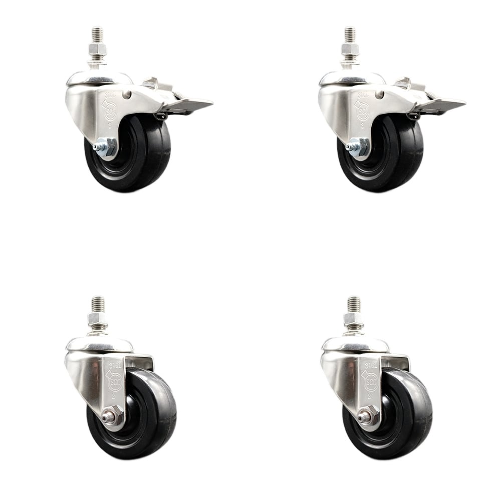 Soft Rubber Swivel Stem Caster with 3 in. Caster Wheels 10 mm Threaded Stems 316 Stainless Steel Caster - Set of 4